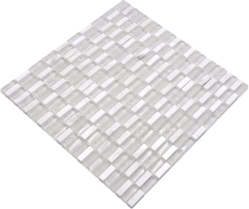 Mosaik Stäbchen Crystal/Stein mix weiß/weiß matt Glas Naturstein Fliesenspiegel, Mosaikstein Format: 10x30x8 mm, Mattengröße: 313x318 mm, 1 Matte