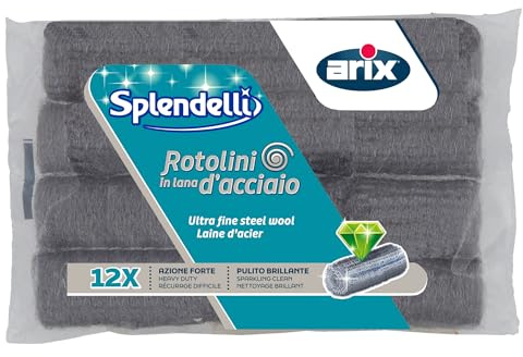 ARIX | 12 Schleifrollen aus feiner Stahlwolle, zum Entfernen von Verkrustungen von Töpfen, Geschirr und allen nicht empfindlichen Oberflächen, 12 Stück