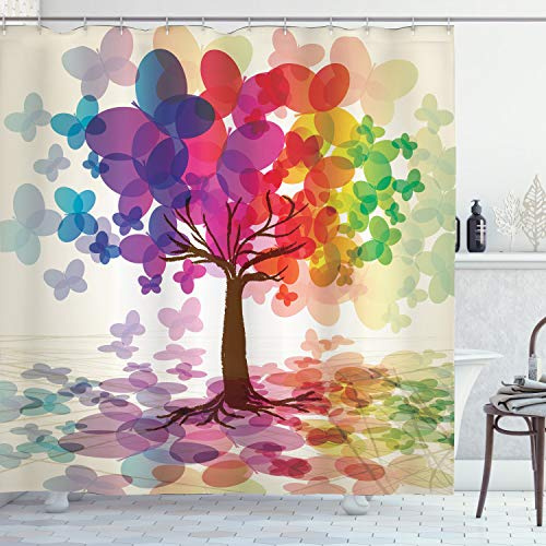 ABAKUHAUS Abstrakt Duschvorhang, Bunte Frühlings-Baum, Stoffliches Gewebe Badezimmerdekorationsset mit Haken, 175 x 180 cm, Beige Mehrfarbig