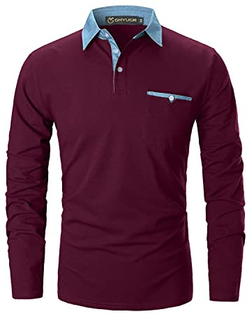GHYUGR Poloshirts Herren Basic Langarm Baumwolle Polohemd Denim Nähen Golf T-Shirt S-XXL (M, Rot 1)