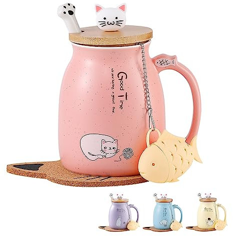 MengCat Cadeau Femme Tasse de Chat Cadeau Noel Tasse à café en céramique mignonne avec couvercle en Cuillère en acier inoxydable Nouveauté Coupe du matin thé Lait pour Femme Maman Amie 380ml