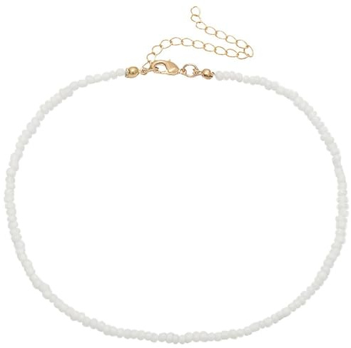 Holibanna Collier ras du cou Boho chaîne collier de perles de graines petites bijoux ras du cou de perles pour femmes et filles (blanc), Bois, métal.