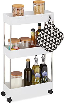 Relaxdays Nischenwagen, Kunststoff, HBT: 70 x 15,5 x 40,5 cm, schmales Nischenregal Bad & Küche, 4 Haken, 3 Fächer, weiß