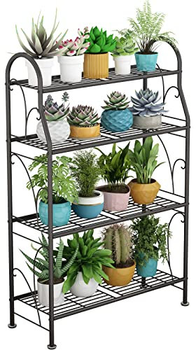 SORCEDAS Plant Stand Indoor Outdoor Plant Shelf 4 Tier Metal Corner Flower Stand Multiple Holder for Patio Garden Balcony Living Room, Dark Grey