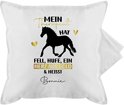 Kissenbezug - Pferd Pferde - Mein Therapeut hat Fell, Hufe und ein Herz aus gold - 50 x 50 cm - Weiß - pferdekissen mädchen name reiter fell kissen geschenke für pferdeliebhaber pferdemotiv