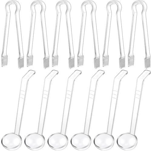 Domensi 12 Pieces Small Ladles Set, Including 6 Pcs Clear Plastic Tongs for Serving 6 Pcs 1 oz Small Gravy Ladle Plastic Salad Tongs Acrylic Long Handle Punch Bowl Ladle for Kitchen Buffet Party Food