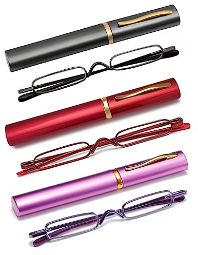 OWTXIS 3er-Pack Mini Schlanke Stift-Lesebrille - Kompakte Lesegeräte mit Stiftclip-Etui Federscharnier Metallrahmen Brillen