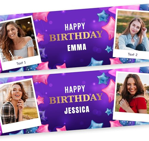 Geburtstagsbanner Personalisiert mit 2 Fotos Text | Happy Birthday Girlande XL Größen | Geburtstagsdekoration für Kinder Erwachsene | PVC Wetterbeständig | Metallösen Montage | PRINT.GG