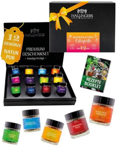 Hallingers Genuss Manufaktur Gewürz Oster-Geschenk-Set - 12 Gewürze aus aller Welt in wertiger Geschenkbox mit Rezept-Booklet Herzliche Oster..., Ostern Körbchen für Frauen Männer