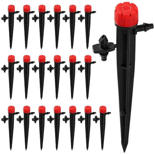 VooGenzek 20 Piezas Gotero de Riego, 360-Grado 8-Agujero Aspersore de Riego Ajustables, Cabezas de Riego para Goteo Goteros Estaca Microtubo Piqueta, para Tubo 4/7 mm, Rojo (con Conectore)