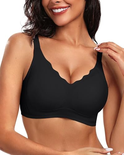 Vertvie Bras for Women Non Wired Seamless Wireless Push Up Bra Comfort Support Full Coverage Bralettes Scalloped Padded Sports Everyday Bra (Black,L)