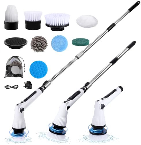 Electric Spin Scrubber, Cordless Scrubbing Brush with 8 Replaceable Brush Heads, 2 Speeds Electric Cleaning Brush with Adjustable Extension Handle for Bathtub, Kitchen, Floor,Tub, Tile