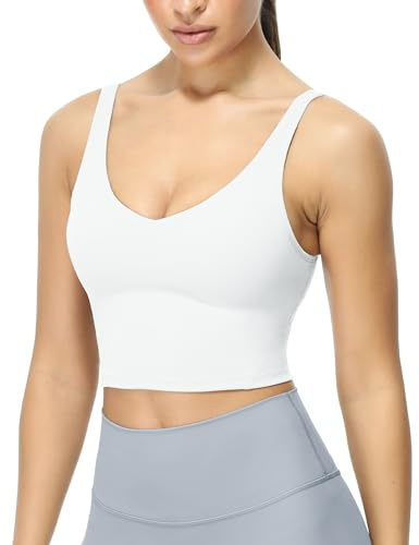 icyzone Dam långärmad sport bh vadderad V-ringad fitness yoga crop top U rygg gym bh, Vit, S