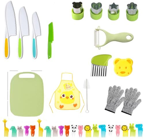 DIHRUUO 35 Stück Kindermesser ab 2 jahre, Kinder Küchenmesser Set, Kindersichere Messer zum Schneiden und Kochen von Obst oder Gemüse für Kleinkinder, mit Schneidebrett, Obstgabeln, Kinderschürze