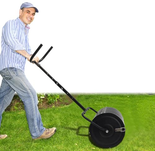 Esparcidor de compost, esparcidor de musgo de turba con mango ajustable en forma de U, rodillo de fertilizante para tierra superior, mantillo, arena