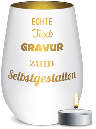 PR Print Royal Weißes Windlicht Mit Gravur - Name Oder Text - Glas Selbst Gestalten, Geschenk Zum Geburtstag, Weihnachten | Inkl. Teelicht & Persönlicher Gravur, 450 Ml, Innen Gold