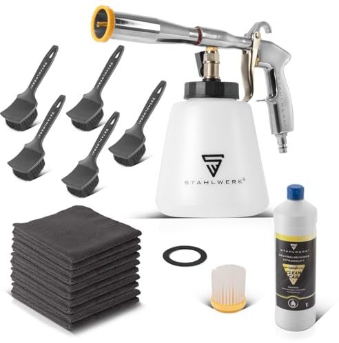 STAHLWERK Druckluft-Reinigungspistole RP-92 ST – Profi Druckluft Reiniger mit Tornado-Effekt, 1 Liter Universalreiniger, Detailing-Pinsel, Autoschwamm & Mikrofasertücher, Innenreiniger, Ausblaspistole