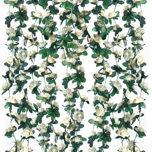 Criveple 6 Stück 49FT Künstliche Girlande Rosen Reben Seidenblumen im Freien Hängend Kunstblumen Deko für Hochzeit Schlafzimmer Wand Kulisse Garten Dekoration (White)