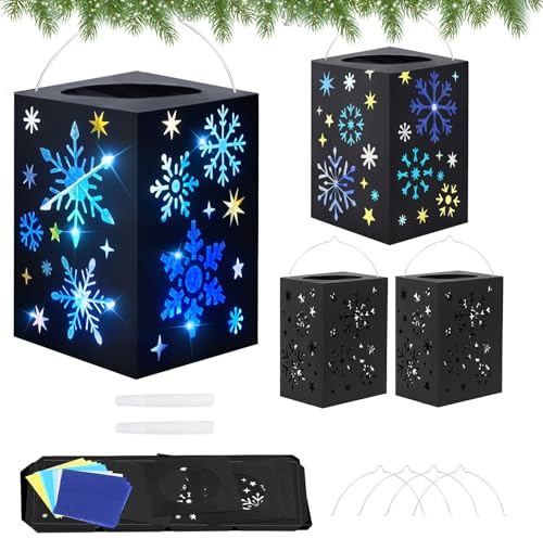 DKINY 4PCS Schneeflocken Laternen Bastelset Kinder Weihnachten Laternen zum Selber Basteln Schneeflocke Papierlaternen Bastelsets Weihnachtliches Laterne Basteln Kreativset Geschenk für Junge Mädchen