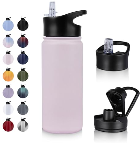 UMBFUN Edelstahl Trinkflasche - 500ml - mit Strohhalm,Auslaufsicher,Kohlensäure Geeignet,BPA frei Thermosflasche(+2 Deckel) Vakuum Doppelwandisolierung für Sport,Reisen,Camping,Schule,Fahrrad,Gym