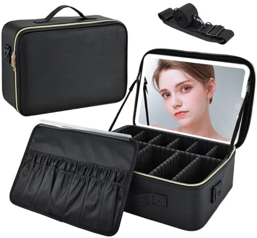 Schminkkoffer mit Beleuchtetem Spiegel-3 Farben LED Licht Schminktasche Damen Kosmetiktasche Große Make up Tasche Kosmetikkoffer Make up Koffer Kosmetik Organizer,Schwarz