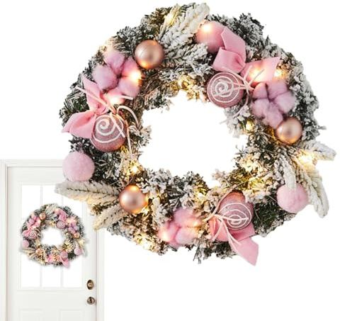 Light Up Christmas Wreath,11.81in Prelit Wreath Christmas Outdoor Decorations Snowy Flocked with Balls | Holiday Garland Ornament Battery Operated for Front Door Wall