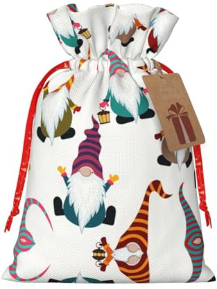HJLUUFT Jutebeutel mit lustigem Zwergen-Druck, Weihnachtsgeschenktasche mit Kordelzug und Geschenkanhänger, für Hochzeit, Weihnachten, Partyzubehör