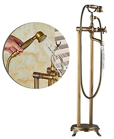 SGKOMN Duschset Badewannenarmatur Antikes Messing Bodenmontierter Wannenwaschbeckenhahn Doppelgriff Badezimmer Badewannen-Duschset Freistehender Badewannenhahn mit Handbrause Antike(Antique Brass D)