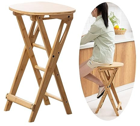 Sgabello da bar pieghevole in legno con poggiapiedi in bambù, salvaspazio, senza schienale, facile da montare, altezza seduta 61 cm