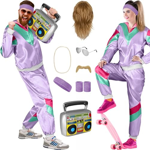 Balinco Conjunto de disfraz de los años 80 para mujer/hombre, set de traje de entrenamiento para carnaval, peluca Vokuhila, barba, cadena, gafas de piloto, cintas para la cabeza, ghettoblaster (Morado