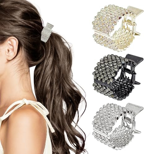 ELNX 3er-Set Pferdeschwanz-Clips, kleine Haarspangen für Damen, Funkelnde Haarklammern mit Strasssteinen, für hohe Pferdeschwänze, Alltag, Partys und Hochzeiten (Schwarz, Silber und Gold)