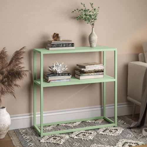 skølm Skadi Konsolentisch schmal aus Metall – Schmales Regal Mintgrün – Flurtisch 2 Ablagen – Beistelltisch mit verstellbaren Füßen - Sofatisch Flur/Wohnzimmer – Metallregal 80x28x80cm – Console table