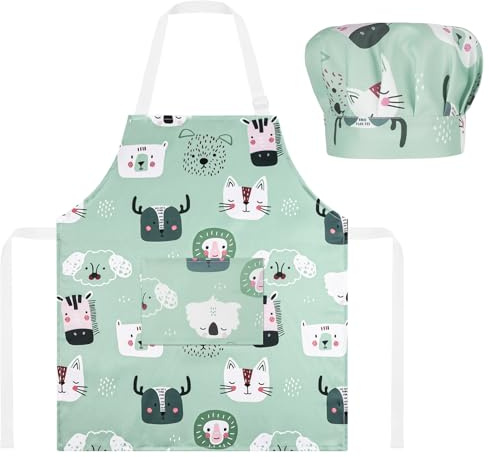 ABOHU Set Grembiule e Cappello da Chef per Bambini, Grembiule da Cucina Regolabile con Tasche, Grembiule da Chef per Cucinare e Cuocere la Pittura, Verde