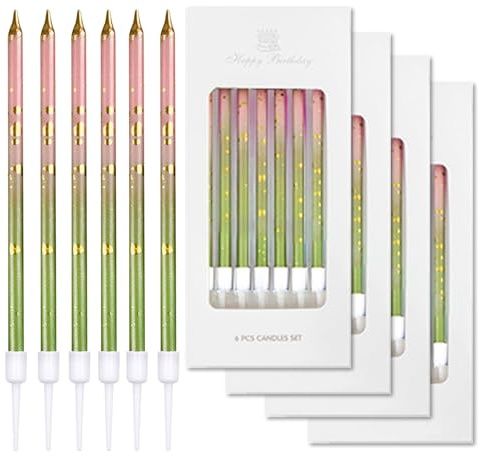 24 Pcs Birthday Candles, Pink and Green Birthday Cake Candles with Holders, 5.1 inch Long Thin Cake Candle Cupcake Candle for Birthday Wedding Baby Shower Party Decoration