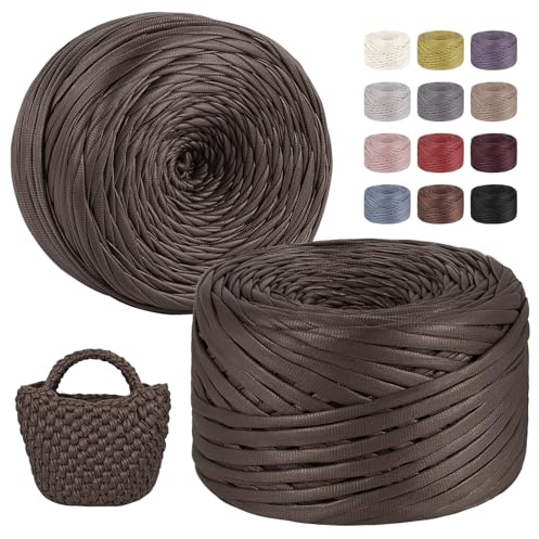 LEREATI Fettuccia per Borse a Uncinetto, 2x200g/2x90m Aspetto Similpelle Filato Grosso in Poliestere Cordino per Borse Uncinetto, Filati per Cestini Fai da Te Decorazioni (Cioccolato)