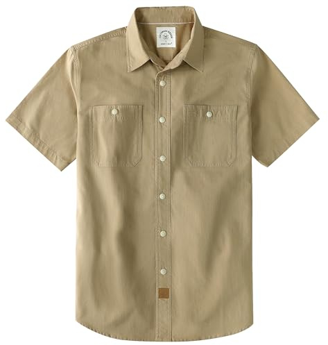 Dubinik® Camisa Hombre Manga Corta Chambray Algodón Ligero Corte Regular Dos Bolsillos Estilo Urbano Casual Caquí 2XL