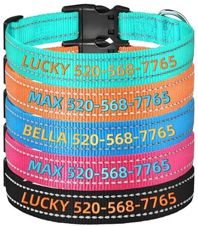 Personalisiertes Hundehalsband mit Name & Telefonnummer - Reflektierendes Gestickt Stickhalsband | Weiches, verstellbares Nylon | 5 Größen (XS-XL) für Kleine, Mittlere, Große Hunde