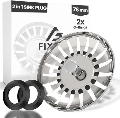 Fixciti 78mm/1Pc Sink Strainer UK Plug - Stainless Steel, Anti-clog Kitchen Sink Plug Replacement With 2 Rubber Seals - Dual Functional Sink Drain Strainer - Food Catcher, High Flow Strainer