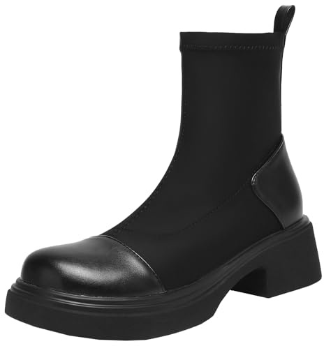 XIEPP Elastiska slip-on-stövlar för kvinnor, platåstövletter med rund tå och blockhäl