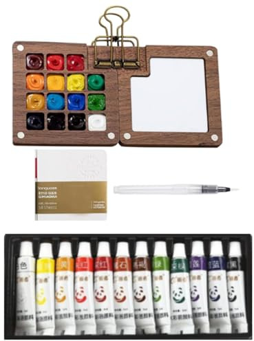 Mini Aquarell Set, Pigment Mini Palette Watercolor Mit 12 Farben, Komplettset Mit Malblock, Wasserfarben und Pinsel, Ideal für Reisen, Kunstunterricht und Freizeitgestaltung, Pocket Aquarell Set