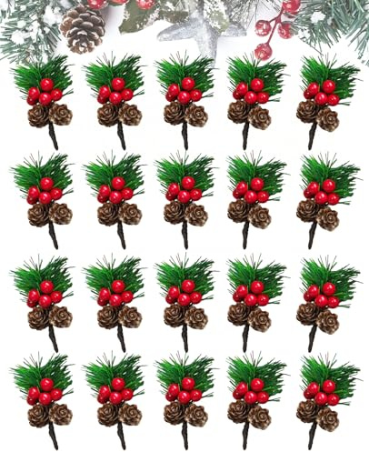SEESUNO Christmas Wrapping Accessories, 20Pcs Artificial Holly Sprigs Red Berries Craft Supplies for Xmas Wreath Table Decorations