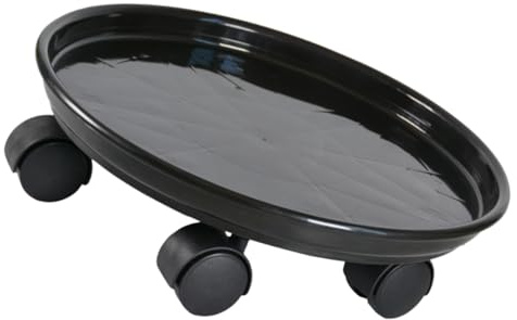 DIYEAH Support à Plantes sur Roues avec Bac Récupérateur d'eau, Plateau Plastique Rond Ø27 Cm Noir, Mobile Intérieur Extérieur pour Pots de Fleurs, Socle Roulant Résistant et Pratique