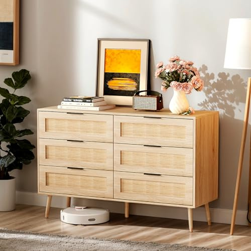 VINGIL 6 Drawer Rattan Dresser, Boho Chest of Dressers, Modern Wooden Dresser with Ample Storage, Rattan Chest of Drawers for Bedroom, Oak