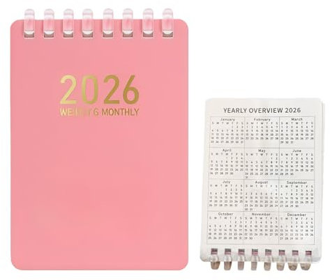 MEOAlBkey Taschenkalender 2026 A7 Notizbuch, rosa Wochenplaner mit Spiralbindung, Terminplaner & Terminbuch für die Tagesplanung, dünnes, leichtes Design