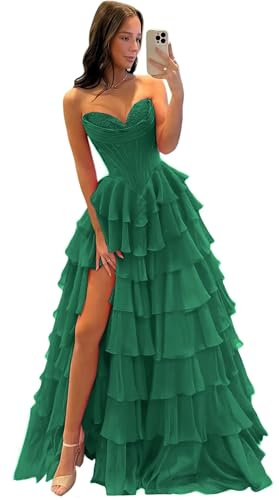 Misshow Robe de Soirée élégante Fendue Col V Corset structuré avec Lacet pour Mariage invité sans Manches Vert Foncé XS