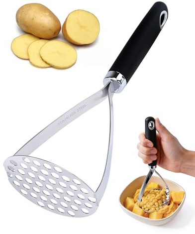 Acual Potato Masher Stainless Steel, Heavy Duty 430 Stainless Steel Masher with Dual Arc Lever Design & Round Hole Plate, Easy Clean & Dishwasher Safe, Kitchen Tool for Potatoes, Vegetables