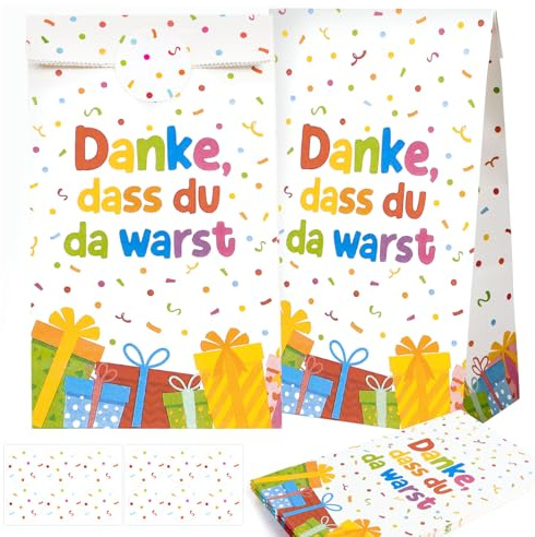 COMOOKA 12 Stück Geschenktüten Kindergeburtstag 24x13x8cm Mitgebsel Tüten mit 12 Aufklebern Geburtstagstüten Kinder Papiertüten zum Befüllen für Give Aways Partytüten