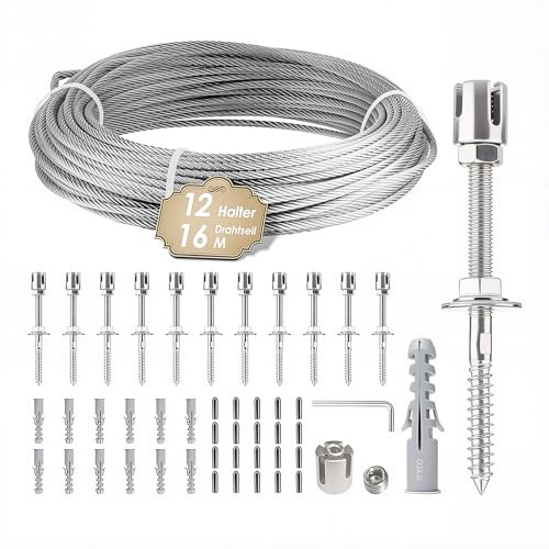 NEWFUN Cable Plante Grimpante Exterieur, 16 M, 12 Supports, Tuteur en Acier Inoxydable pour Plantes Grimpantes Telles Que Roses, Vignes et Tomates (16M)