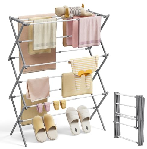 KINGBOARD Clothes Airer Foldable Clothes Drying Rack Grey | Foldable Clothes Drying Rack with 11 Poles, 3-Tier Clothes Horse extensible, Laundry Drying Rack Indoor Outdoor