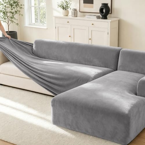 wiipara Samt Sofa Überzug 3 Sitzer, Stretch Couchbezug Silbergrau, 1 Stück | Dicker Plüsch Sofabezug, Elastisch, Superweich & Atmungsaktiv für Haustiere, Wohnzimmer (L-Form Ecksofa erfordert Zwei)
